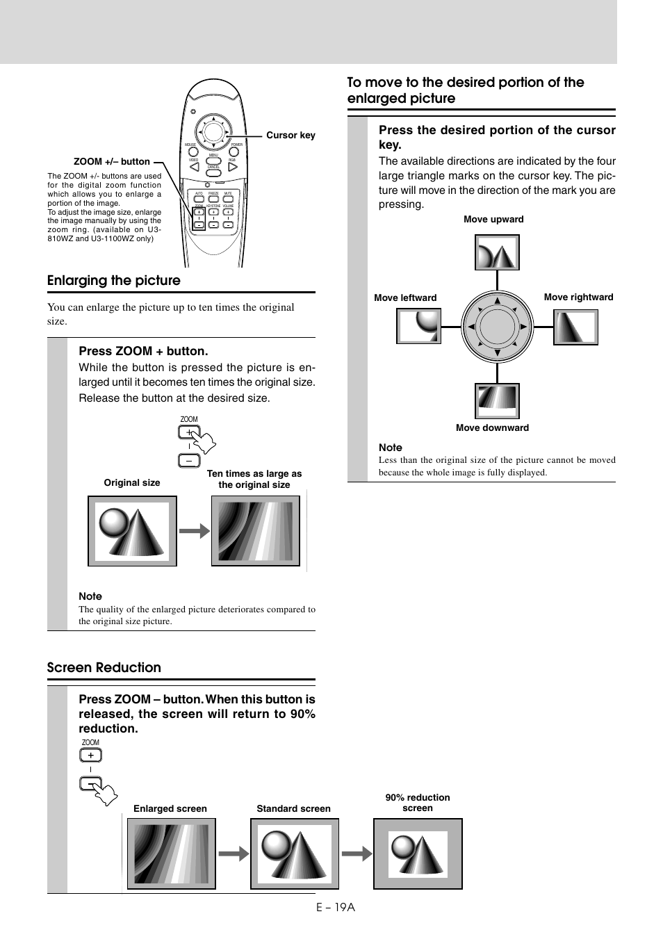 Enlarging the picture, Screen reduction, Press zoom + button | Press the desired portion of the cursor key, E – 19 | PLUS Vision U3-810SF User Manual | Page 21 / 39