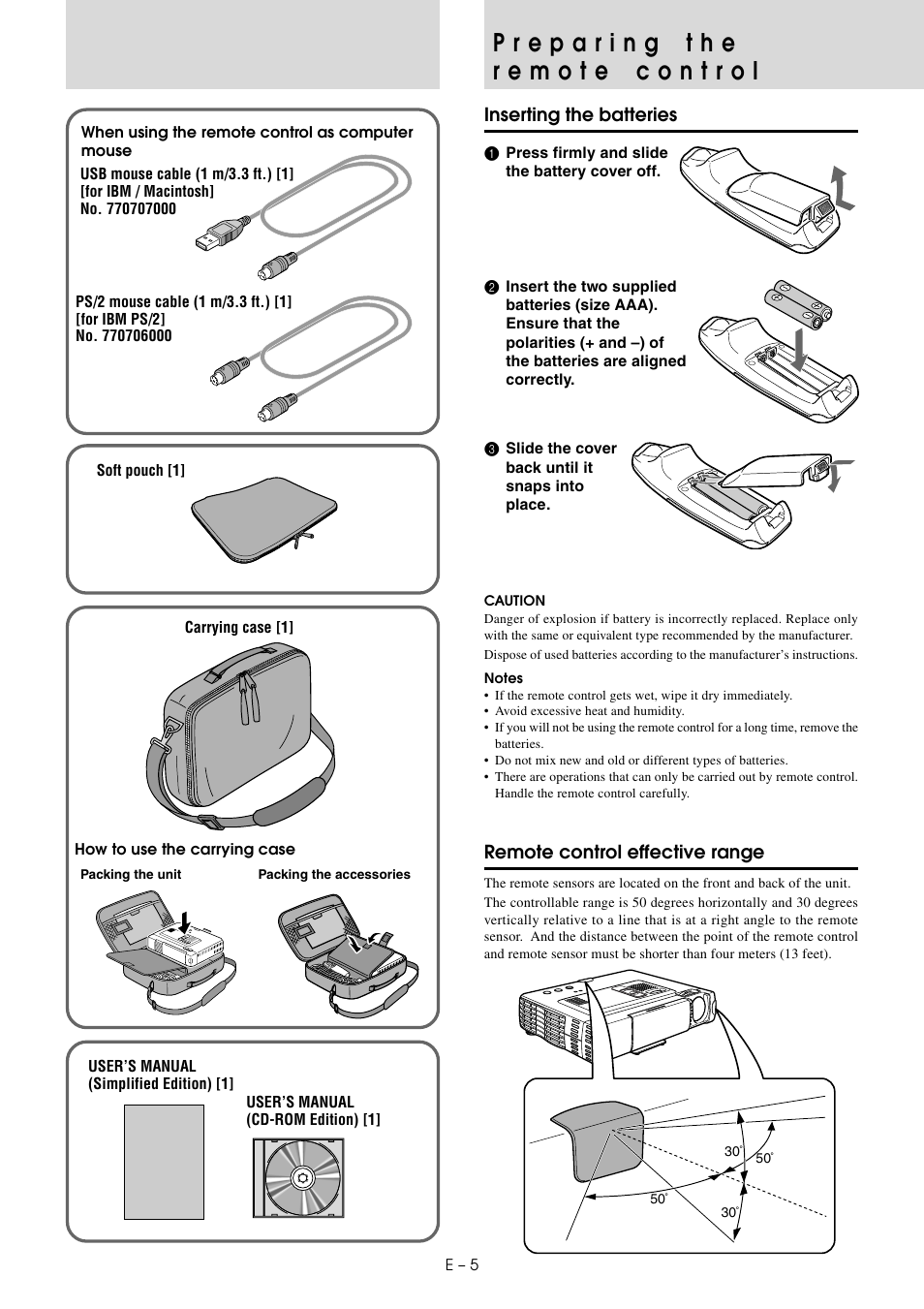 Preparing the remote control, Inserting the batteries, Remote control effective range | PLUS Vision U3-810SF User Manual | Page 6 / 39