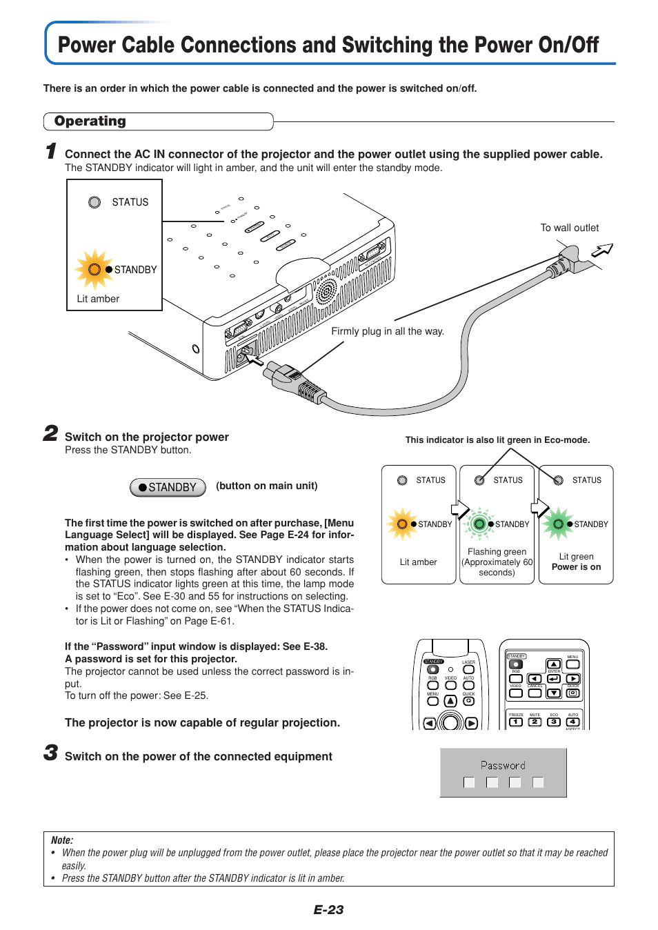 Operating, E-23, Switch on the projector power | The projector is now capable of regular projection, Switch on the power of the connected equipment, Standby, Standby status lit amber, Button on main unit) | PLUS Vision U5-111 User Manual | Page 24 / 72