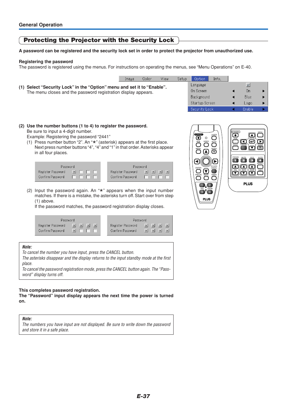 Protecting the projector with the security lock, E-37, General operation | PLUS Vision U5-111 User Manual | Page 38 / 72