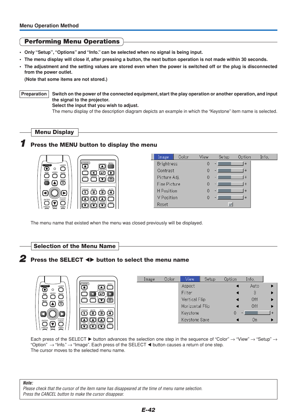 Performing menu operations, E-42, Menu operation method | PLUS Vision U5-111 User Manual | Page 43 / 72
