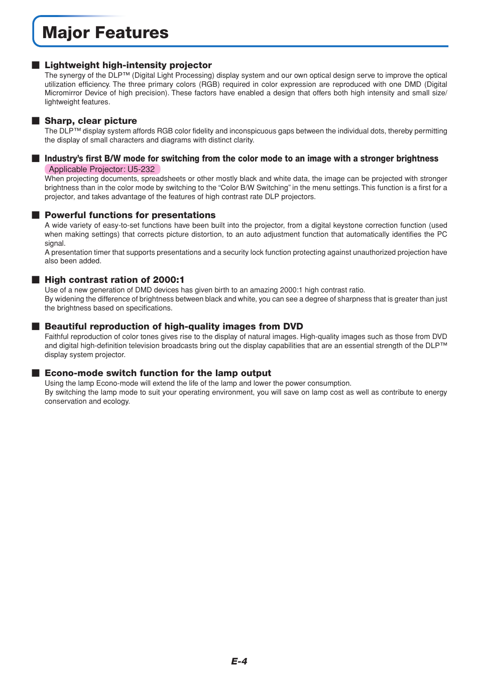 Major features | PLUS Vision U5-111 User Manual | Page 5 / 72