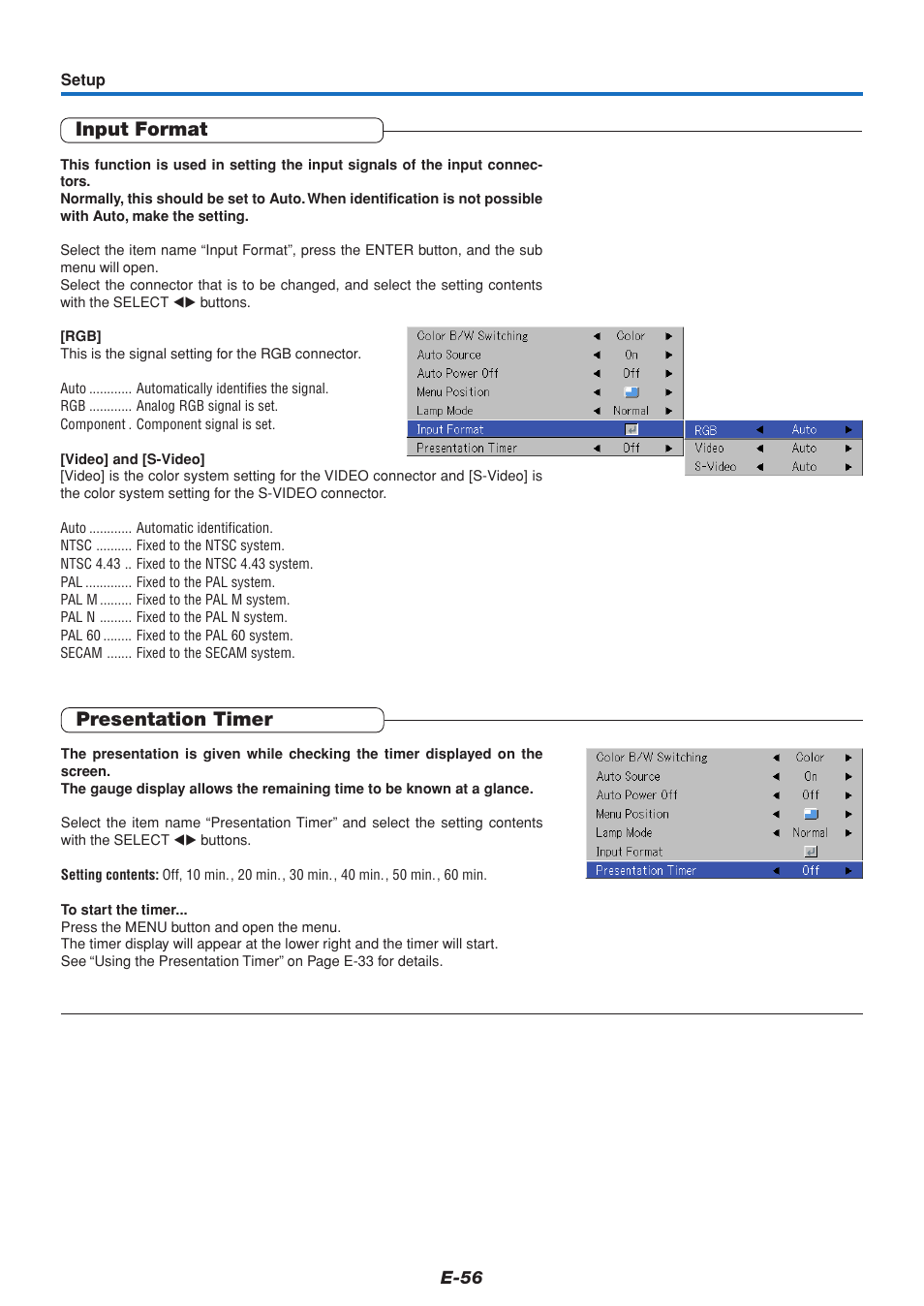Input format, Presentation timer | PLUS Vision U5-111 User Manual | Page 57 / 72