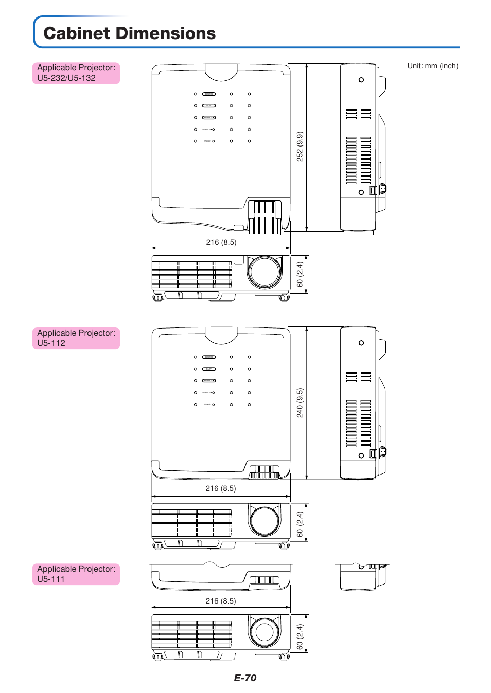 Cabinet dimensions, E-70 | PLUS Vision U5-111 User Manual | Page 71 / 72