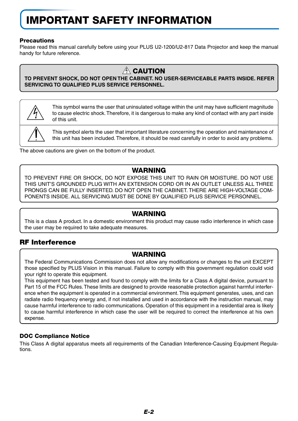 Important safety information | PLUS Vision Data Projector User Manual | Page 2 / 68
