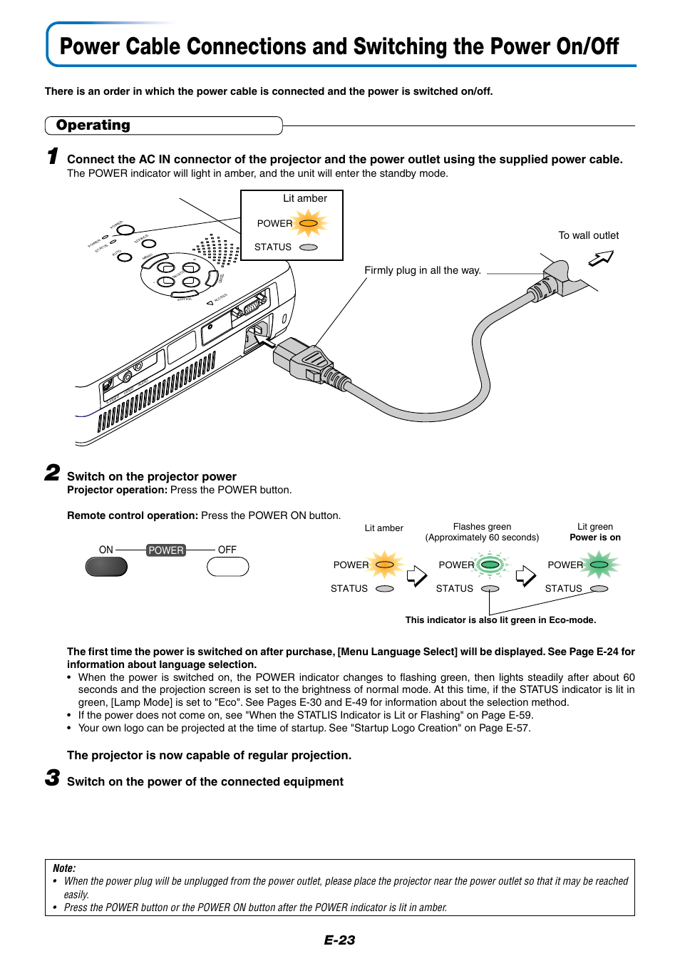 Operating, E-23 | PLUS Vision Data Projector User Manual | Page 23 / 68