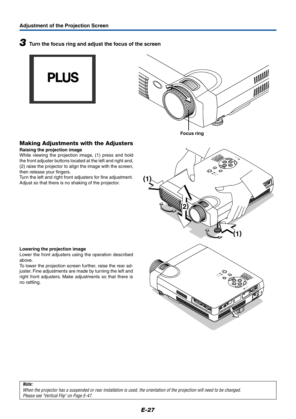 E-27, Making adjustments with the adjusters, Adjustment of the projection screen | Ca nc el, Enter, Focus ring | PLUS Vision Data Projector User Manual | Page 27 / 68