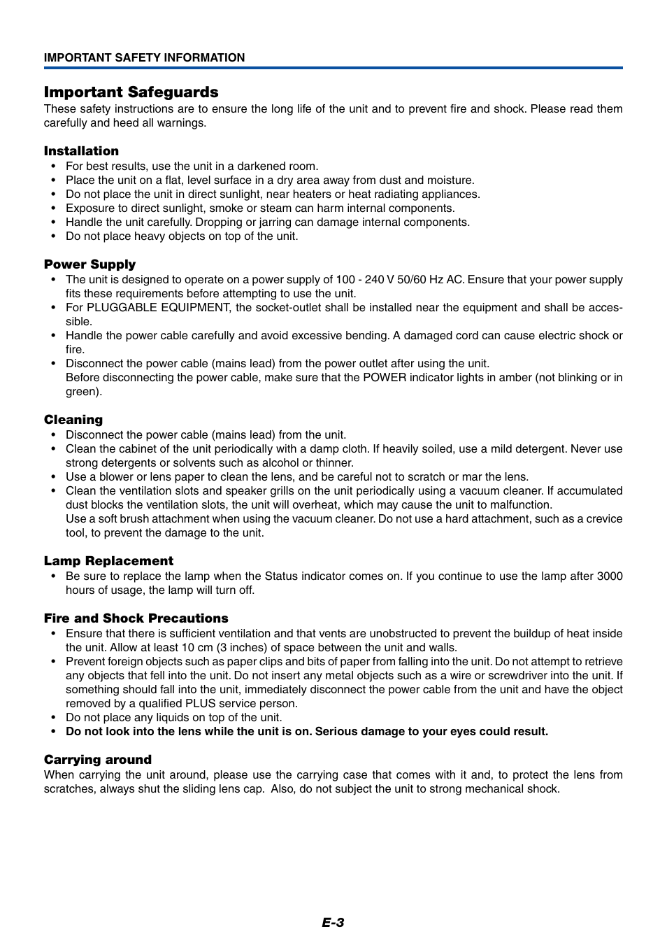 Important safeguards | PLUS Vision Data Projector User Manual | Page 3 / 68