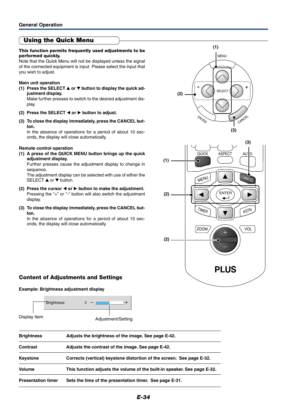 Using the quick menu, E-34, Content of adjustments and settings | PLUS Vision Data Projector User Manual | Page 34 / 68