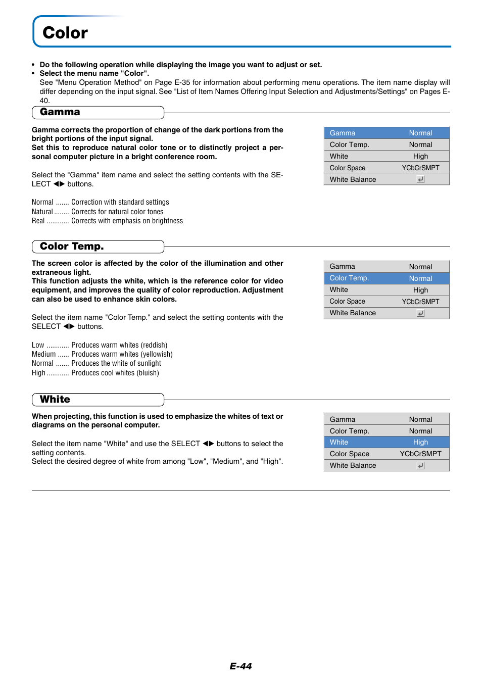 Color, Gamma, Color temp | White | PLUS Vision Data Projector User Manual | Page 44 / 68