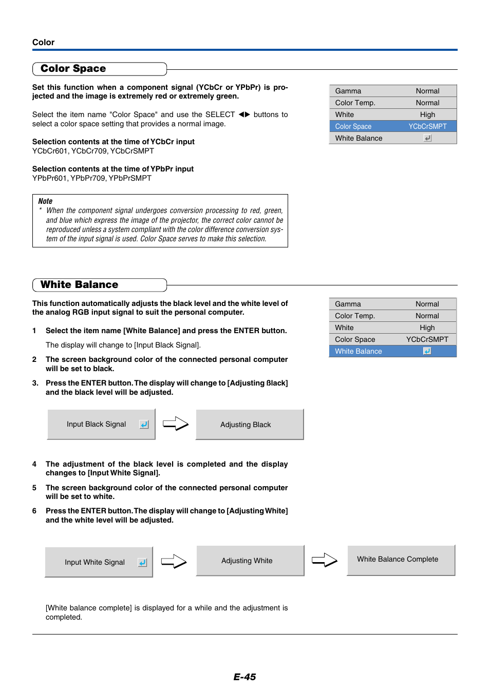 Color space, White balance, E-45 | PLUS Vision Data Projector User Manual | Page 45 / 68