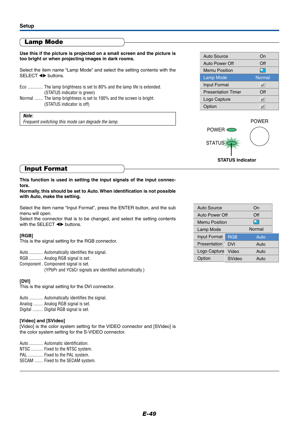 Lamp mode, Input format, E-49 | PLUS Vision Data Projector User Manual | Page 49 / 68