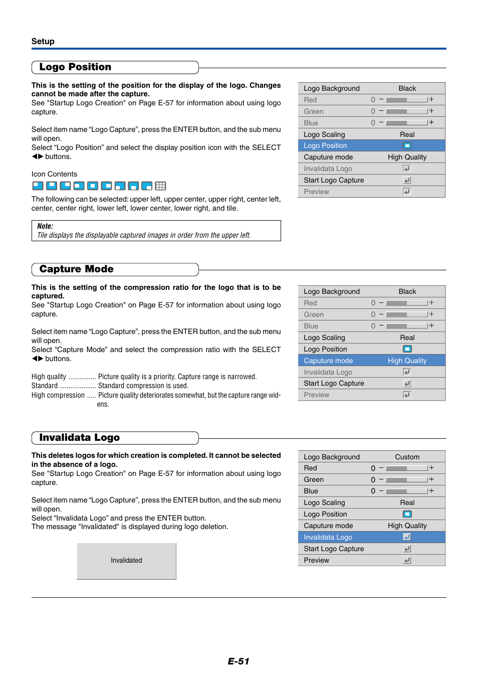 Logo position, Capture mode, Invalidata logo | E-51 | PLUS Vision Data Projector User Manual | Page 51 / 68