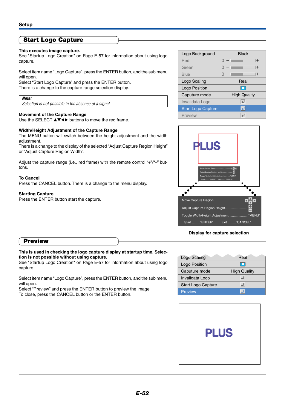 Start logo capture, Preview, E-52 | PLUS Vision Data Projector User Manual | Page 52 / 68