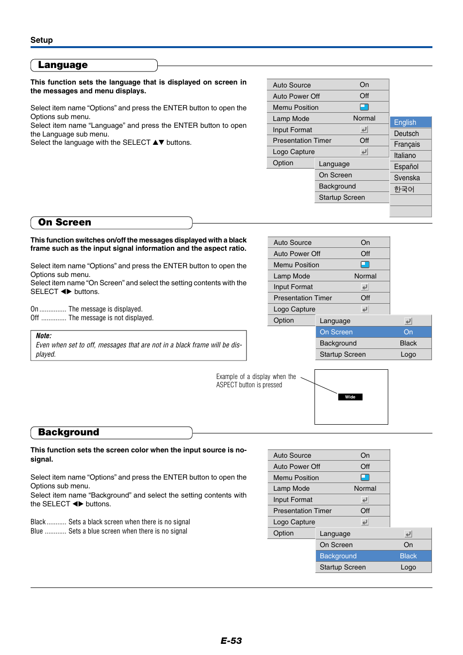 Language, On screen, Background | E-53 | PLUS Vision Data Projector User Manual | Page 53 / 68