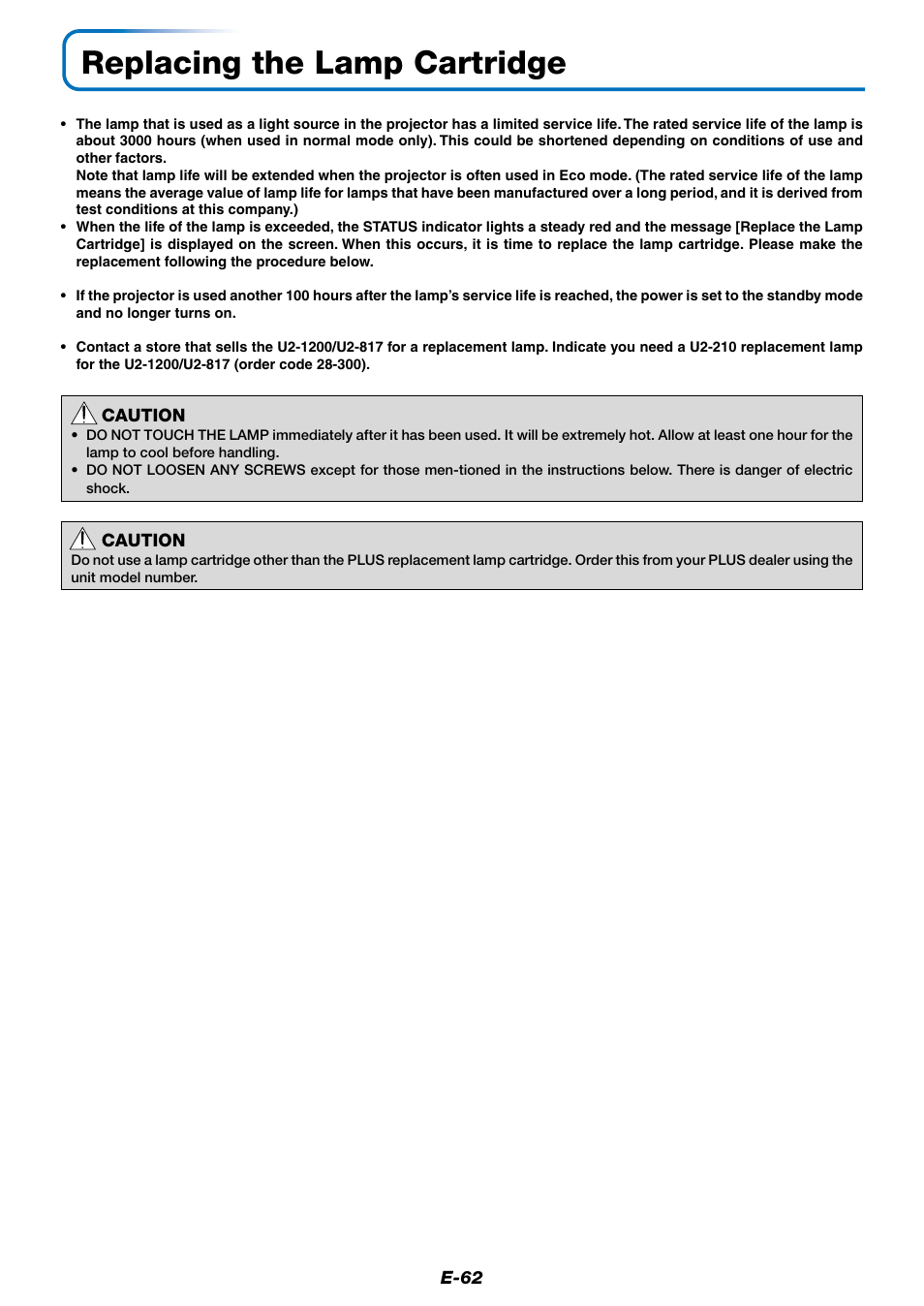 Replacing the lamp cartridge | PLUS Vision Data Projector User Manual | Page 62 / 68