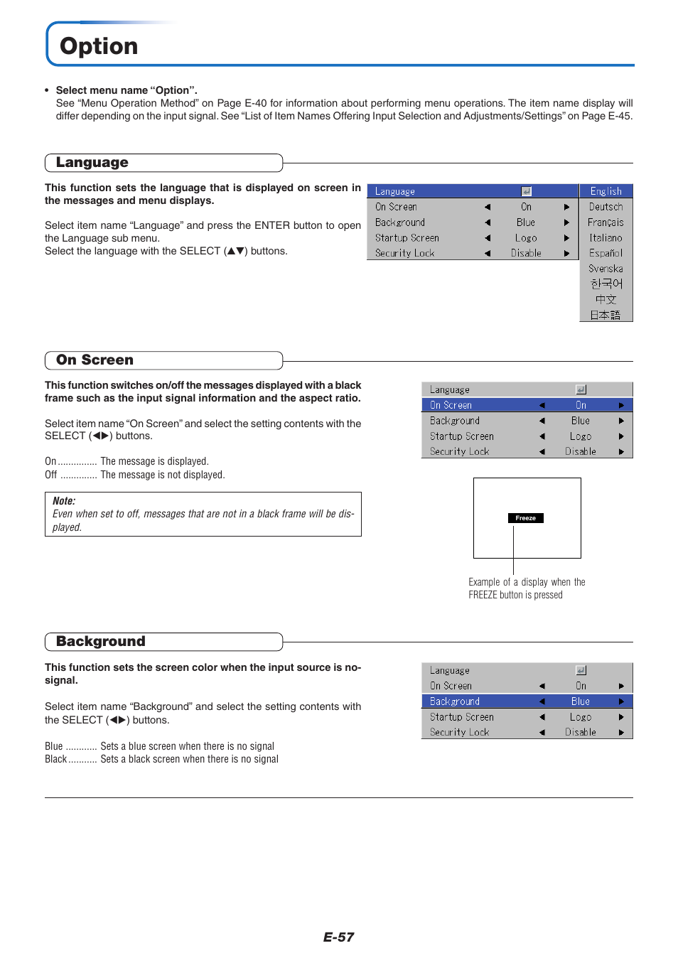 Option, Language, On screen | Background | PLUS Vision U5-732 User Manual | Page 57 / 70
