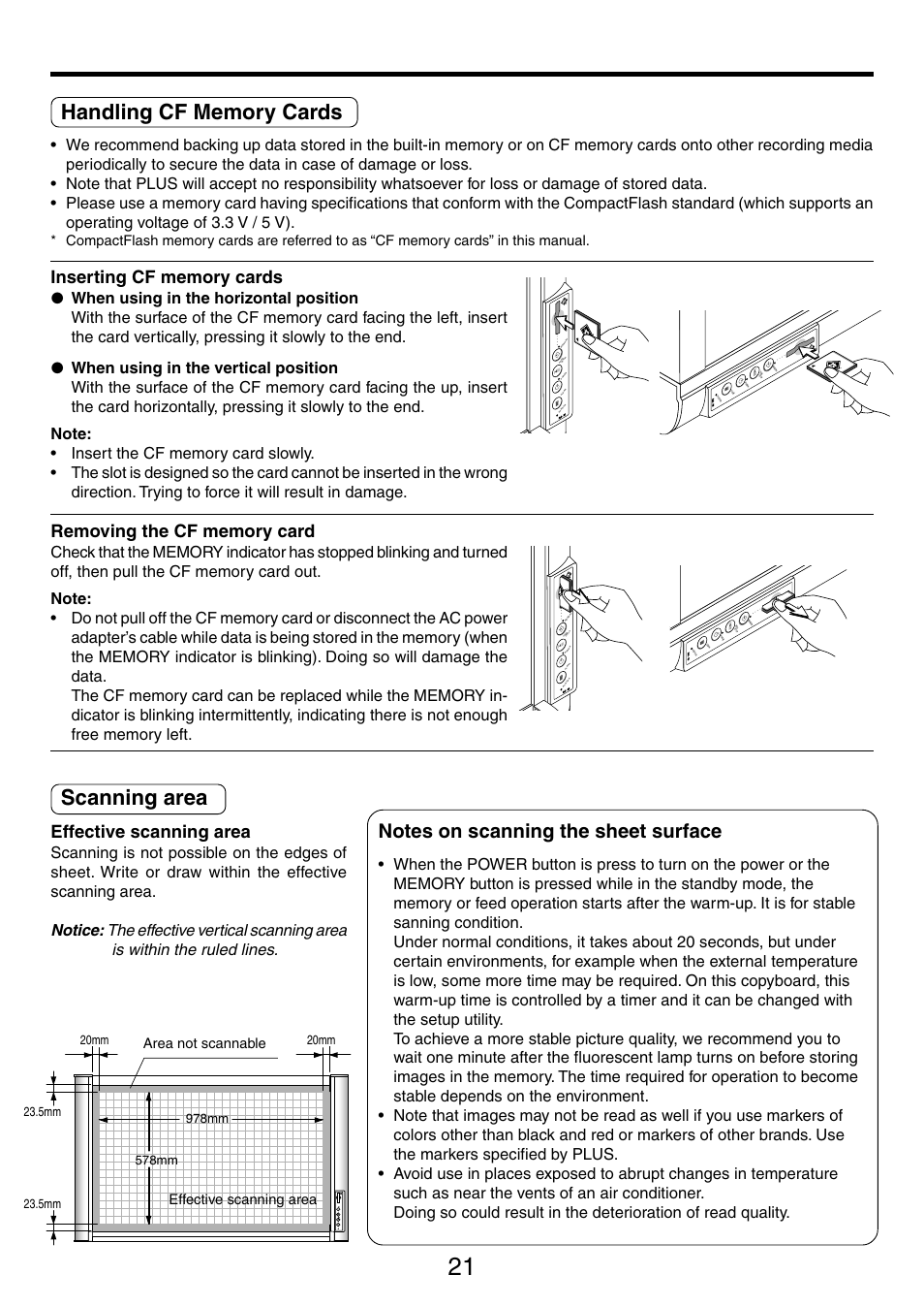 Scanning area, Effective scanning area, Notice | PLUS Vision M-5 User Manual | Page 21 / 45
