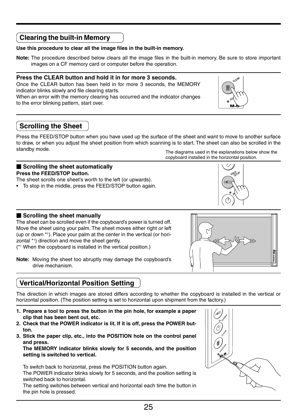 Scrolling the sheet, Vertical/horizontal position setting, Scrolling the sheet automatically | Scrolling the sheet manually | PLUS Vision M-5 User Manual | Page 25 / 45
