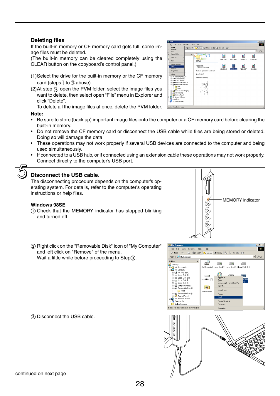 Deleting files, Disconnect the usb cable | PLUS Vision M-5 User Manual | Page 28 / 45