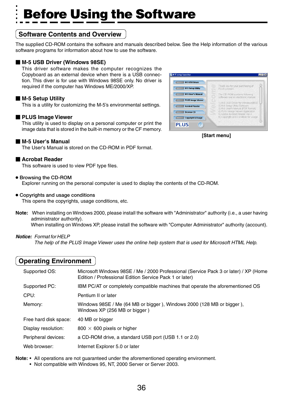 Before using the software, Software contents and overview, Operating environment | PLUS Vision M-5 User Manual | Page 36 / 45