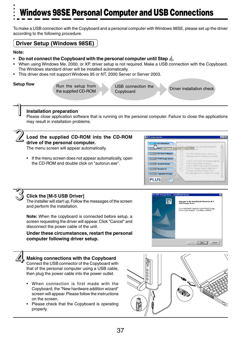Windows 98se personal computer and usb connections, Driver setup (windows 98se) | PLUS Vision M-5 User Manual | Page 37 / 45