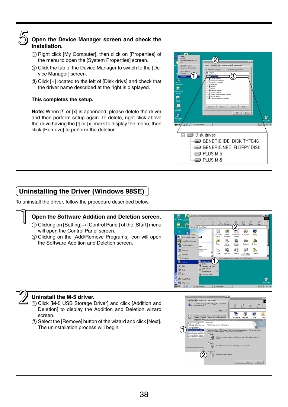 Uninstalling the driver (windows 98se) | PLUS Vision M-5 User Manual | Page 38 / 45