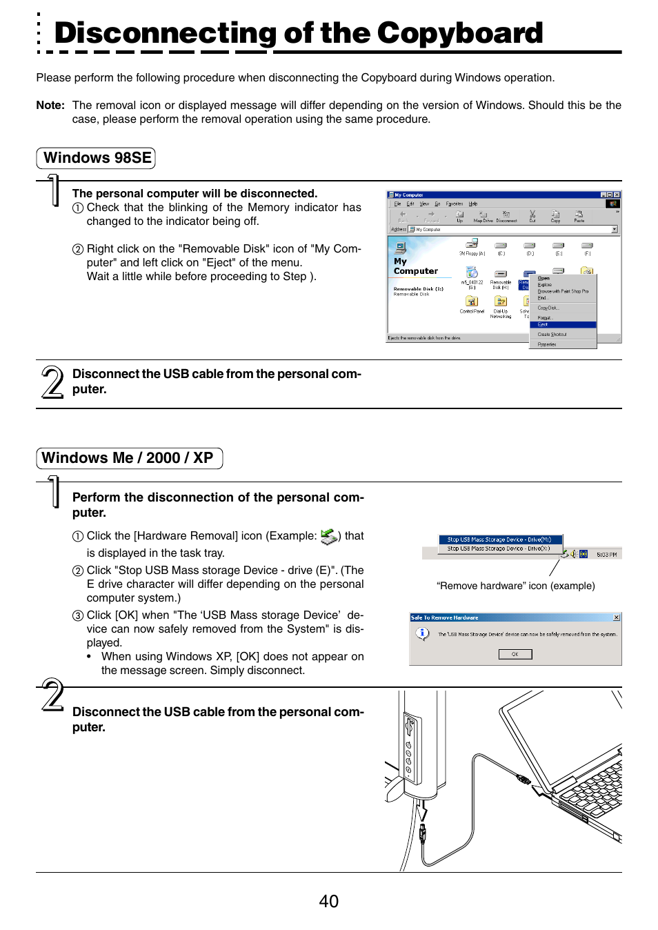 Disconnecting of the copyboard, Windows me / 2000 / xp, Windows 98se | PLUS Vision M-5 User Manual | Page 40 / 45
