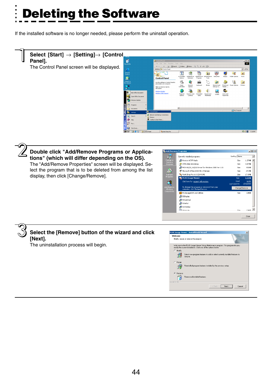 Deleting the software | PLUS Vision M-5 User Manual | Page 44 / 45