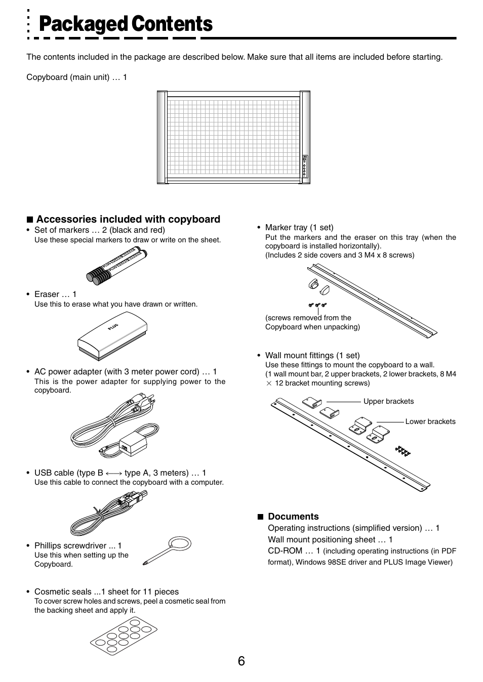 Packaged contents, Accessories included with copyboard | PLUS Vision M-5 User Manual | Page 6 / 45