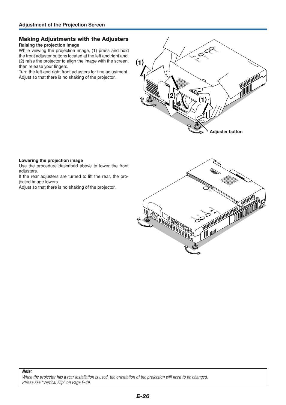 E-26, Making adjustments with the adjusters, Adjustment of the projection screen | Adjuster button | PLUS Vision V3-131 User Manual | Page 26 / 67
