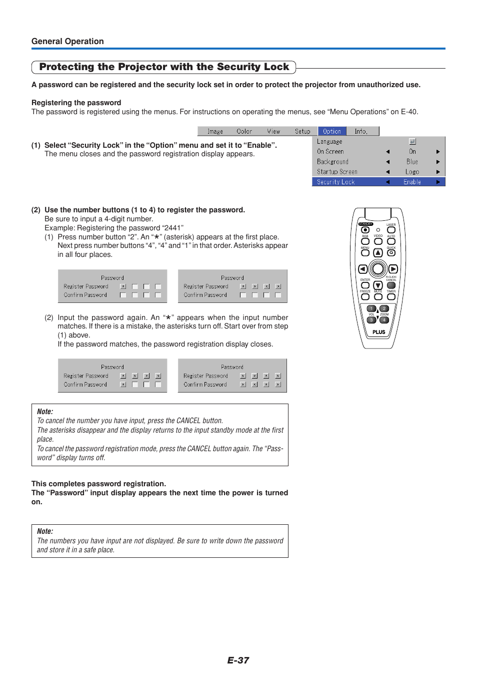 Protecting the projector with the security lock, E-37, General operation | PLUS Vision U5-432 User Manual | Page 37 / 70