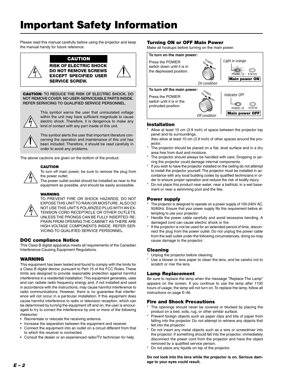 Important safety information, E – 2 installation, Power supply | Cleaning, Lamp replacement, Fire and shock precautions, Caution, Doc compliance notice, Warning, Turning on or off main power | PLUS Vision PLUS Piano HE-3200 User Manual | Page 2 / 51