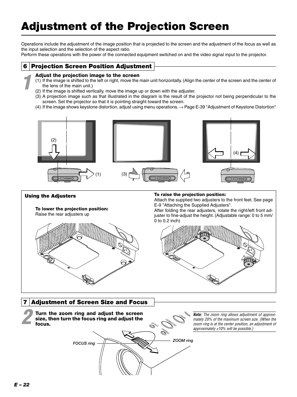 Adjustment of the projection screen, 6 projection screen position adjustment, 7 adjustment of screen size and focus | PLUS Vision PLUS Piano HE-3200 User Manual | Page 22 / 51