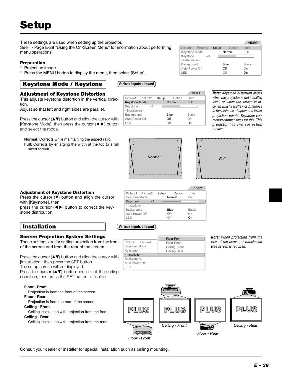 Setup, Keystone mode / keystone, Installation | E – 39, Adjustment of keystone distortion, Screen projection system settings | PLUS Vision PLUS Piano HE-3200 User Manual | Page 39 / 51