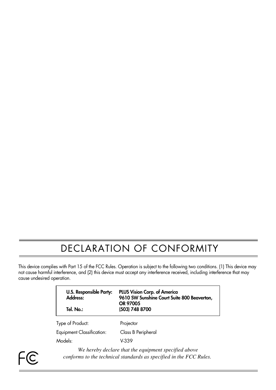 Declaration of conformity | PLUS Vision V-339 User Manual | Page 2 / 64