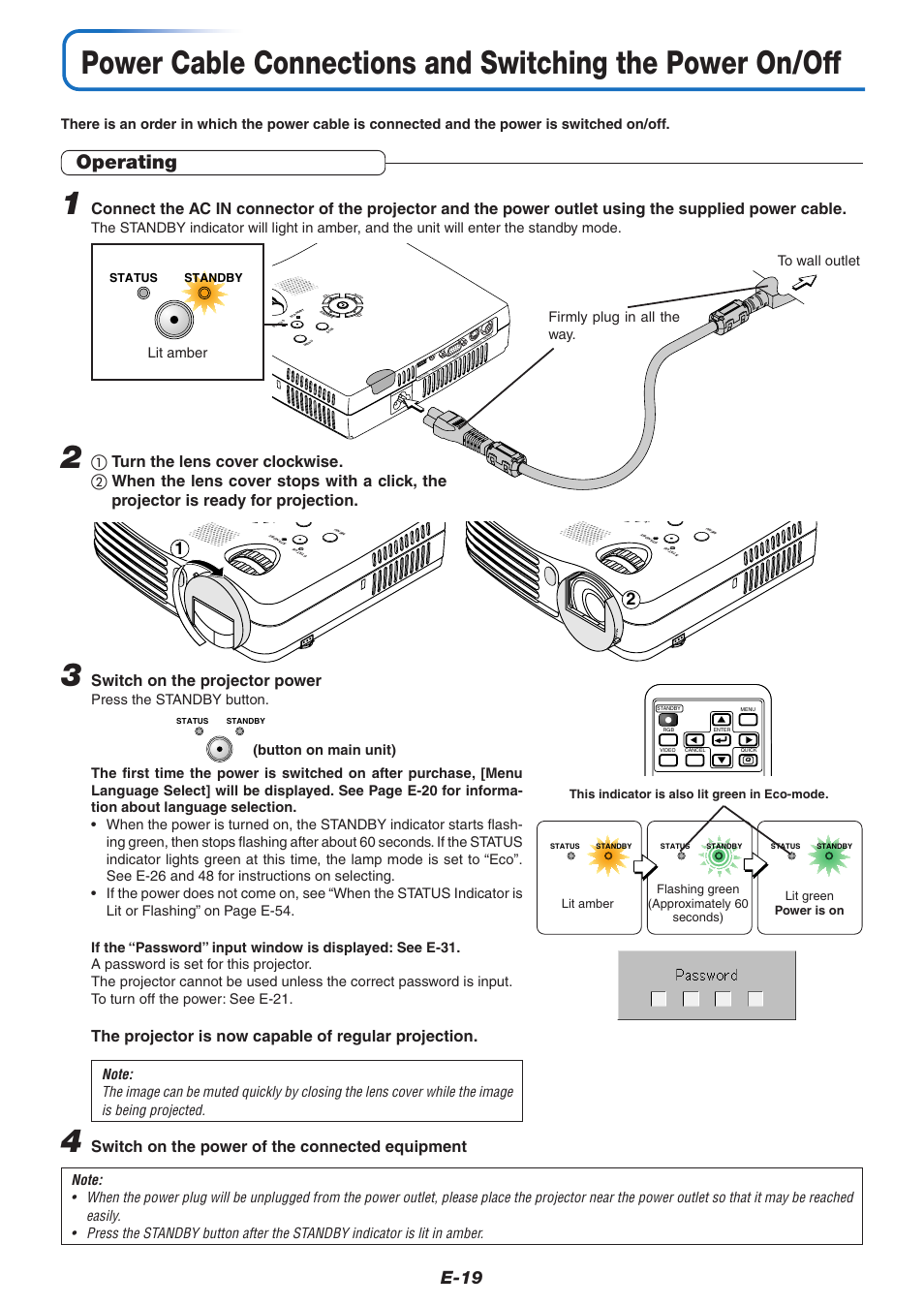 Operating, E-19, Switch on the projector power | The projector is now capable of regular projection, Switch on the power of the connected equipment, Firmly plug in all the way. to wall outlet, Lit amber, Button on main unit) | PLUS Vision V-339 User Manual | Page 20 / 64