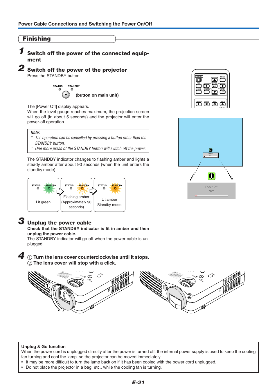 Finishing, E-21, Switch off the power of the connected equip- ment | Switch off the power of the projector, Unplug the power cable, Button on main unit) | PLUS Vision V-339 User Manual | Page 22 / 64