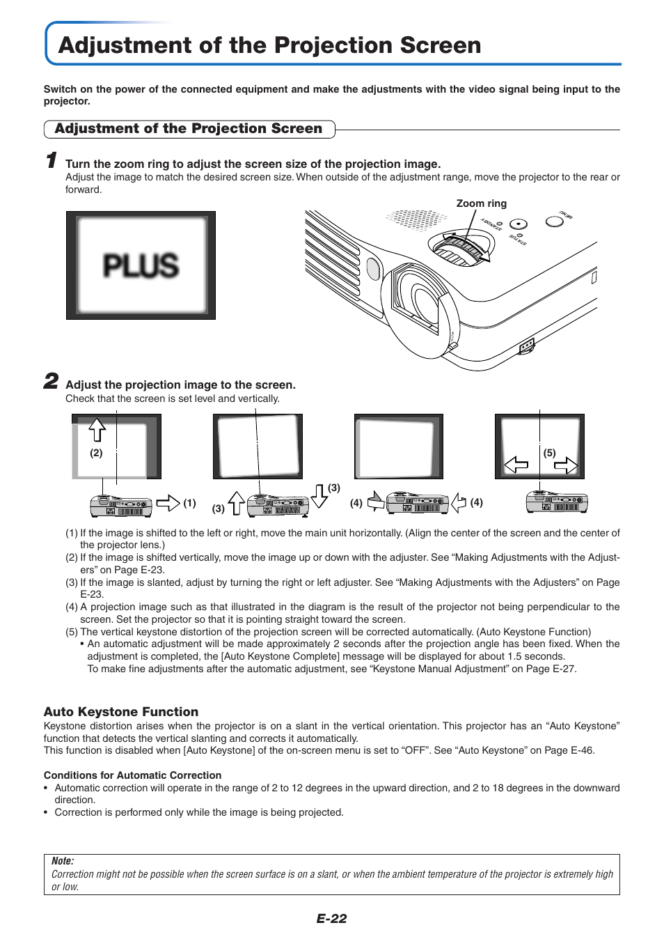 Adjustment of the projection screen, E-22, Auto keystone function | PLUS Vision V-339 User Manual | Page 23 / 64