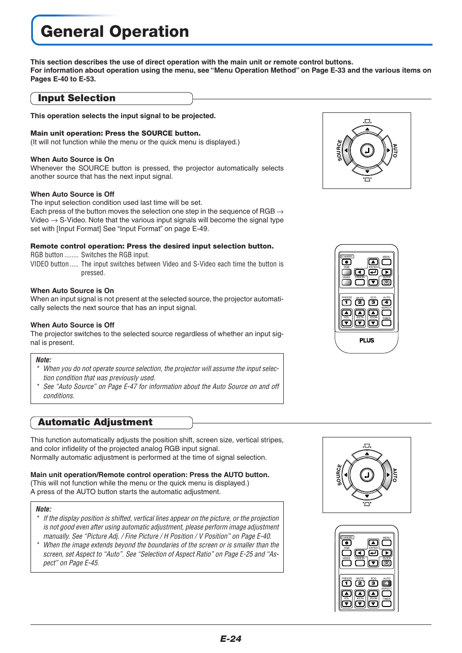 General operation, Input selection, Automatic adjustment | E-24 | PLUS Vision V-339 User Manual | Page 25 / 64