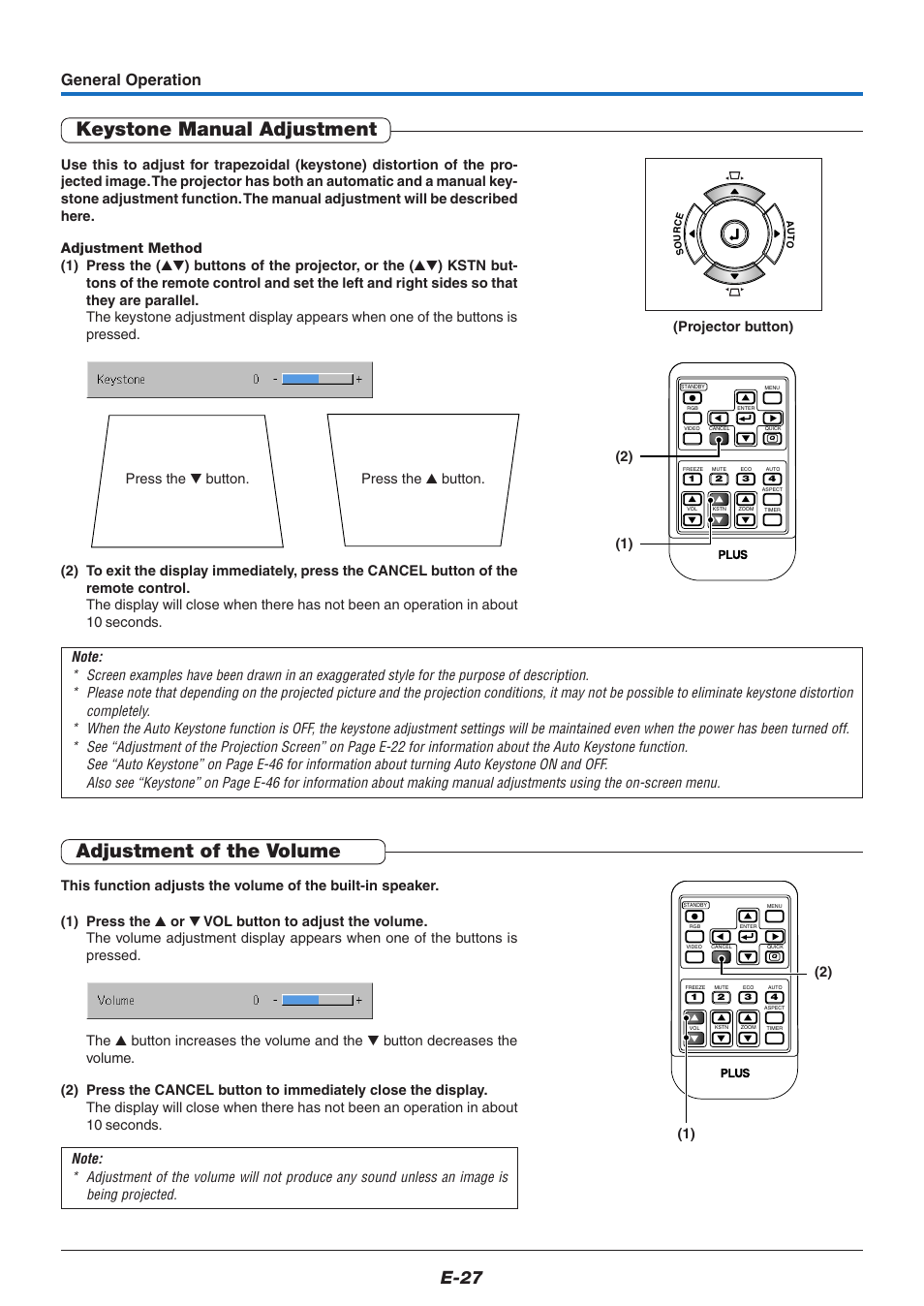 Keystone manual adjustment, Adjustment of the volume, E-27 | General operation, Projector button) | PLUS Vision V-339 User Manual | Page 28 / 64