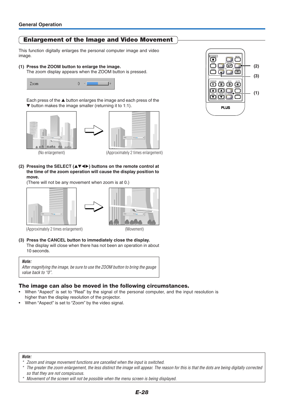 Enlargement of the image and video movement, E-28, General operation | PLUS Vision V-339 User Manual | Page 29 / 64