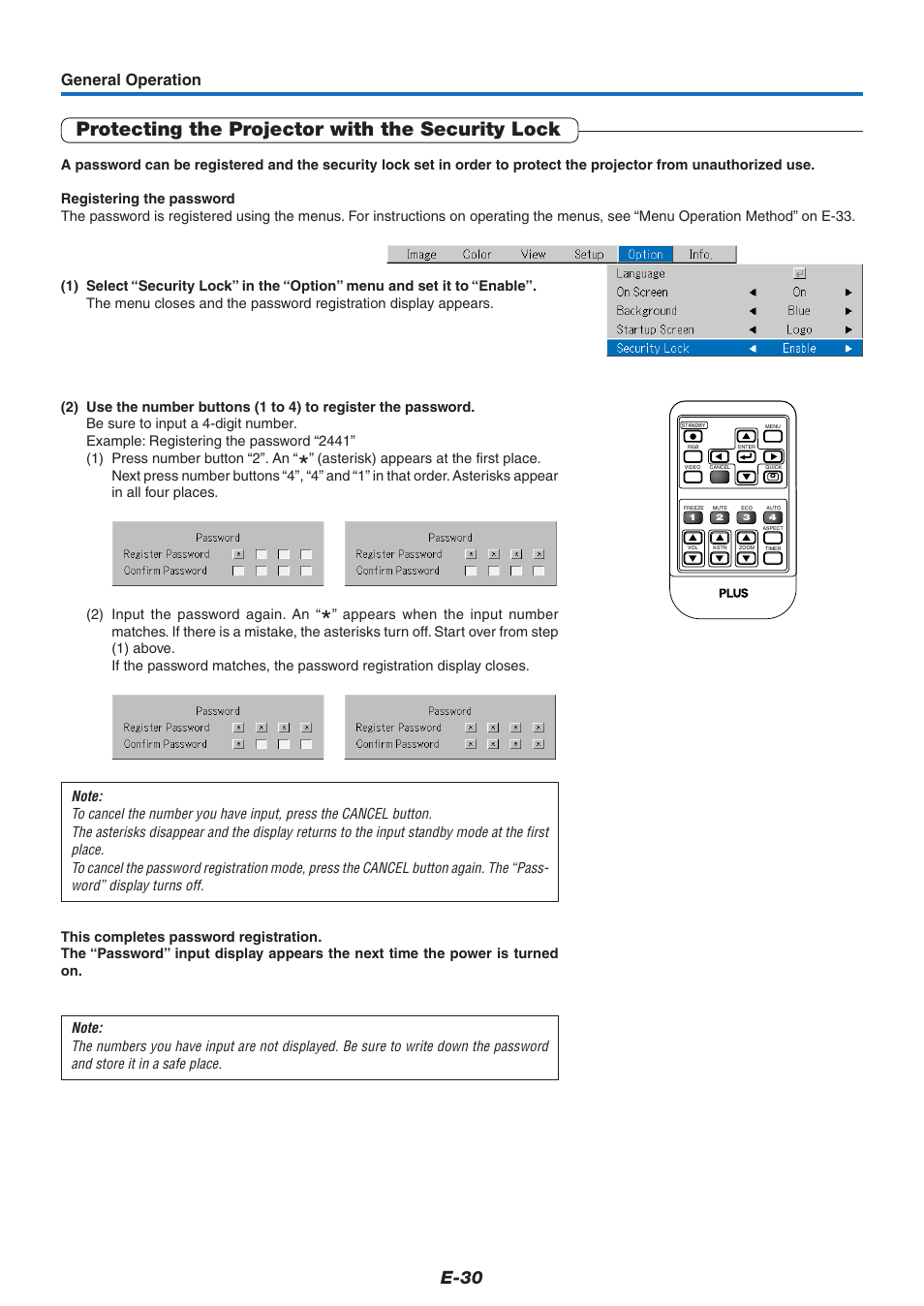 Protecting the projector with the security lock, E-30, General operation | PLUS Vision V-339 User Manual | Page 31 / 64