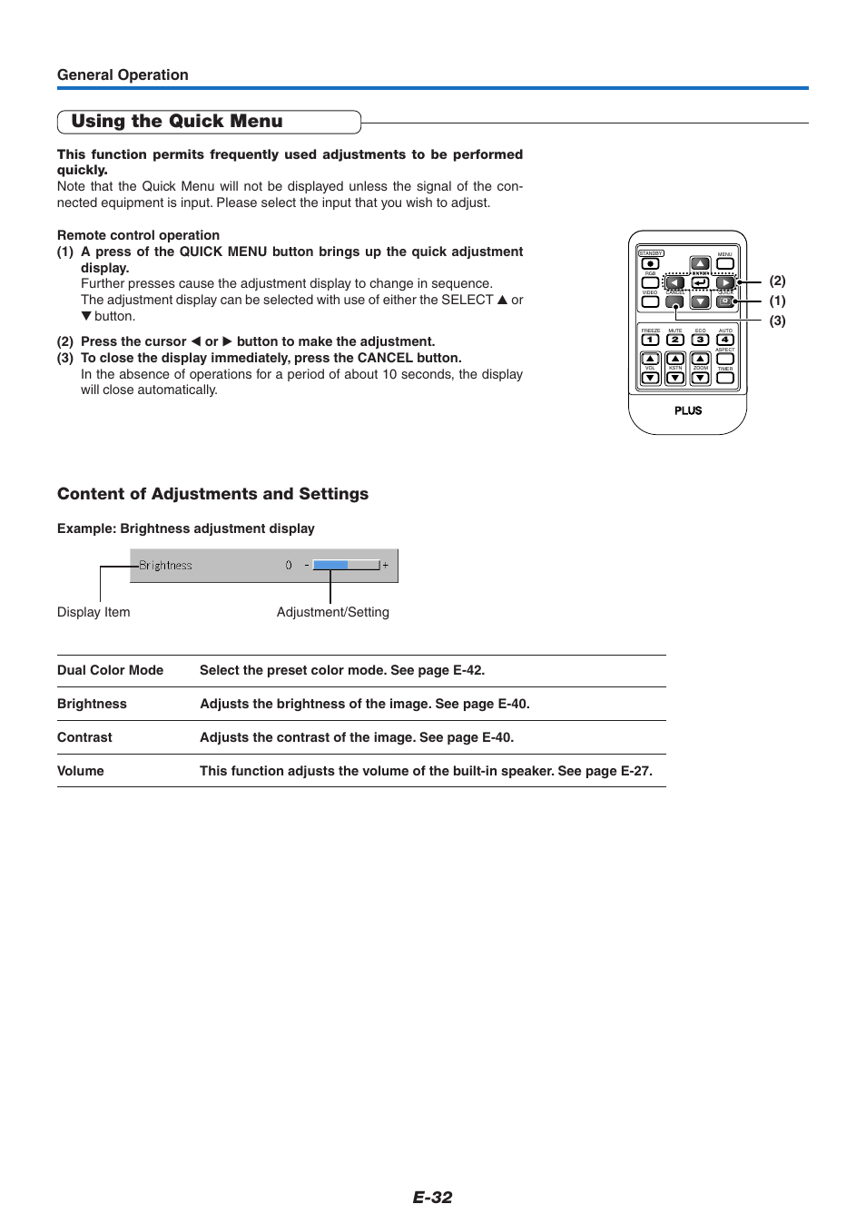 Using the quick menu, E-32, Content of adjustments and settings | General operation | PLUS Vision V-339 User Manual | Page 33 / 64