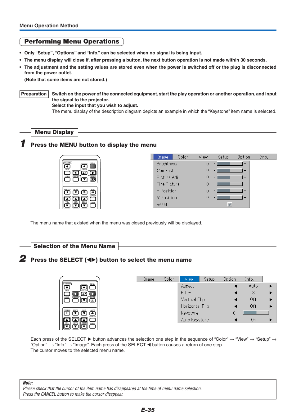 Performing menu operations, E-35, Menu operation method | PLUS Vision V-339 User Manual | Page 36 / 64
