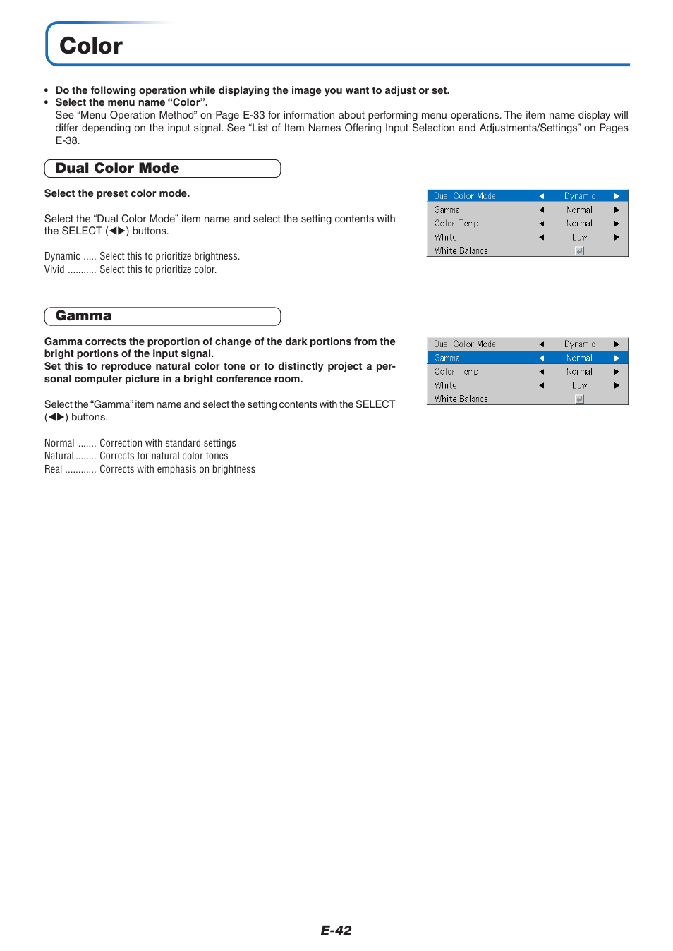 Color, Dual color mode, Gamma | PLUS Vision V-339 User Manual | Page 43 / 64