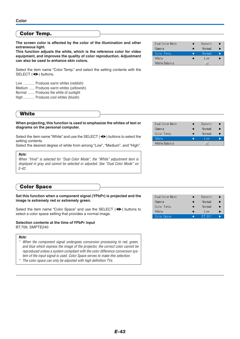 Color temp, White, Color space | PLUS Vision V-339 User Manual | Page 44 / 64