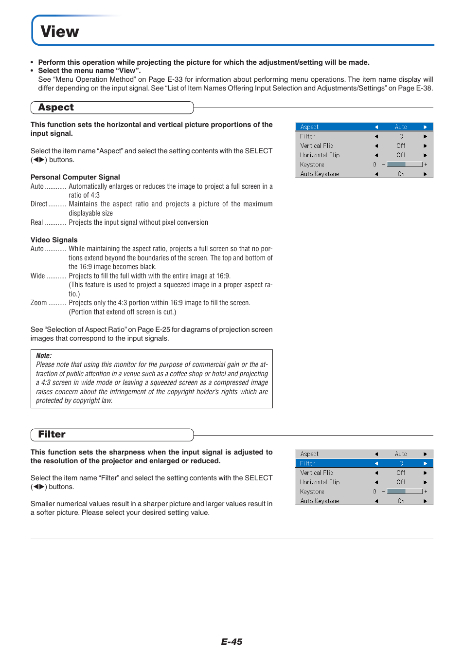 View, Aspect, Filter | PLUS Vision V-339 User Manual | Page 46 / 64