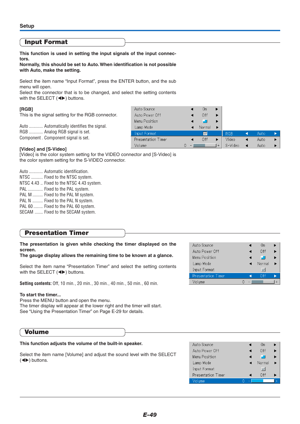 Input format, Presentation timer, Volume | PLUS Vision V-339 User Manual | Page 50 / 64