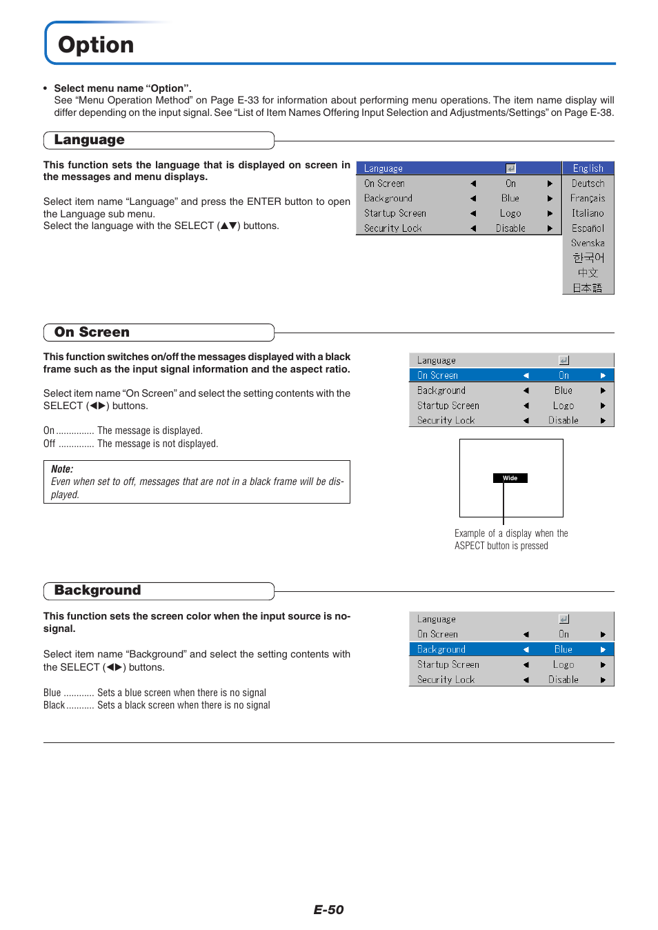 Option, Language, On screen | Background | PLUS Vision V-339 User Manual | Page 51 / 64